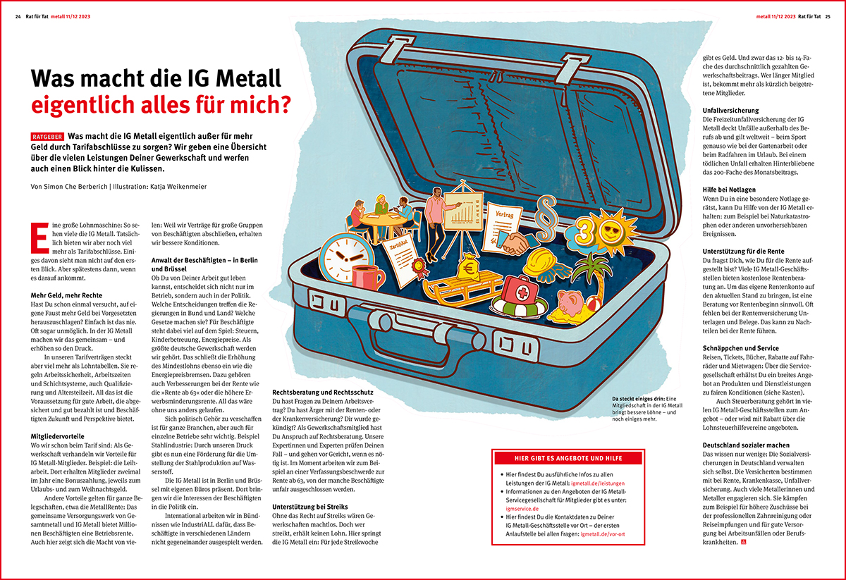 Ein geöffneter Koffer beinhaltet verschiedene Szenen und Accessoires aus dem Arbeitsleben