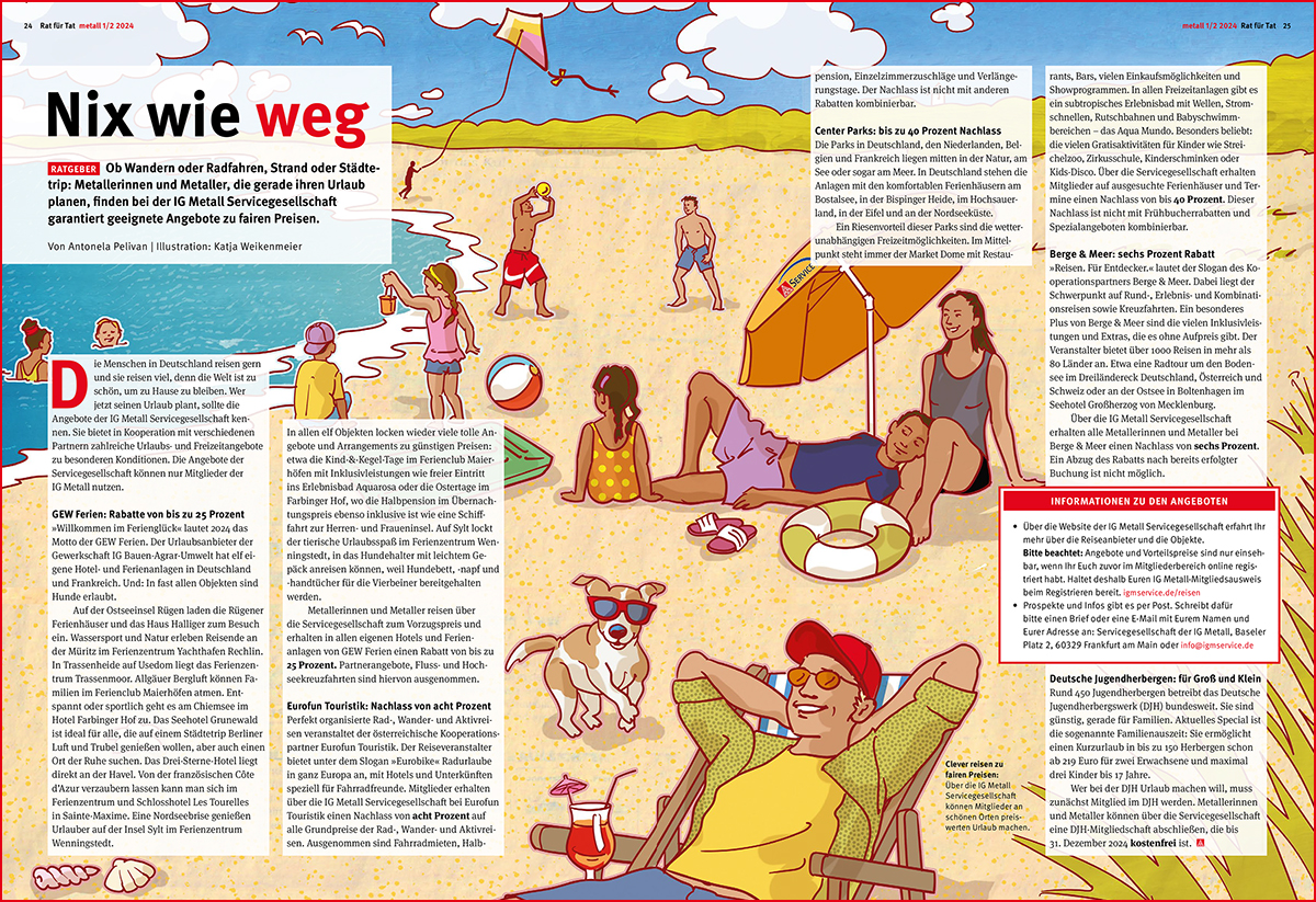 Männer, Frauen und Kinder spielen und chillen am Strand