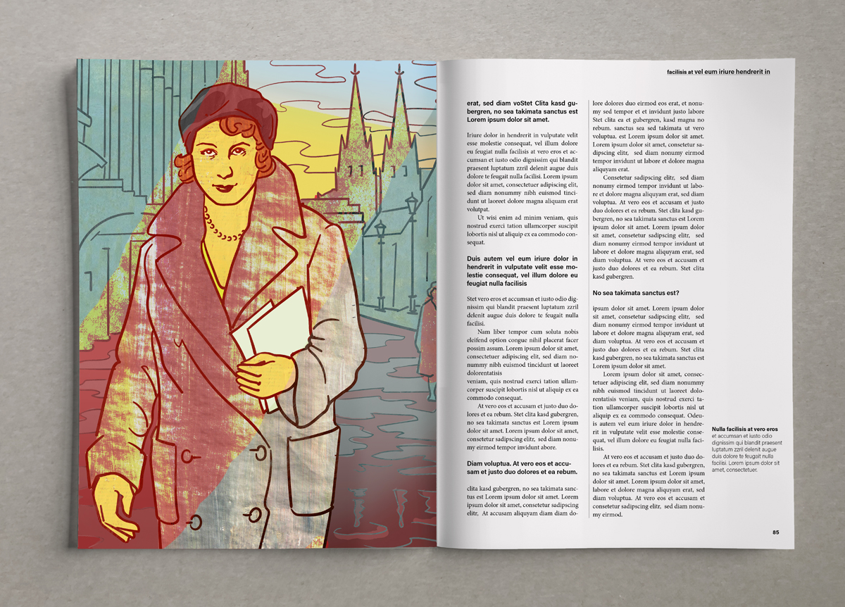Illustriertes Portrait der Schriftstellerin Irmgard Keun. Kölner Dom im Hintergrund