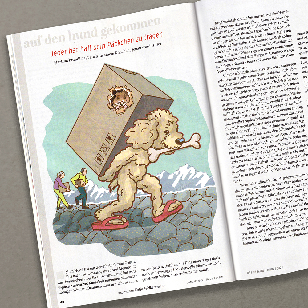 Ein Hund läuft auf zwei Beinen in FlipFlops durch eine karge Landschaft. Er trägt ein Paket auf dem Rücken, aus welchen ein trauriger Hamster schaut.