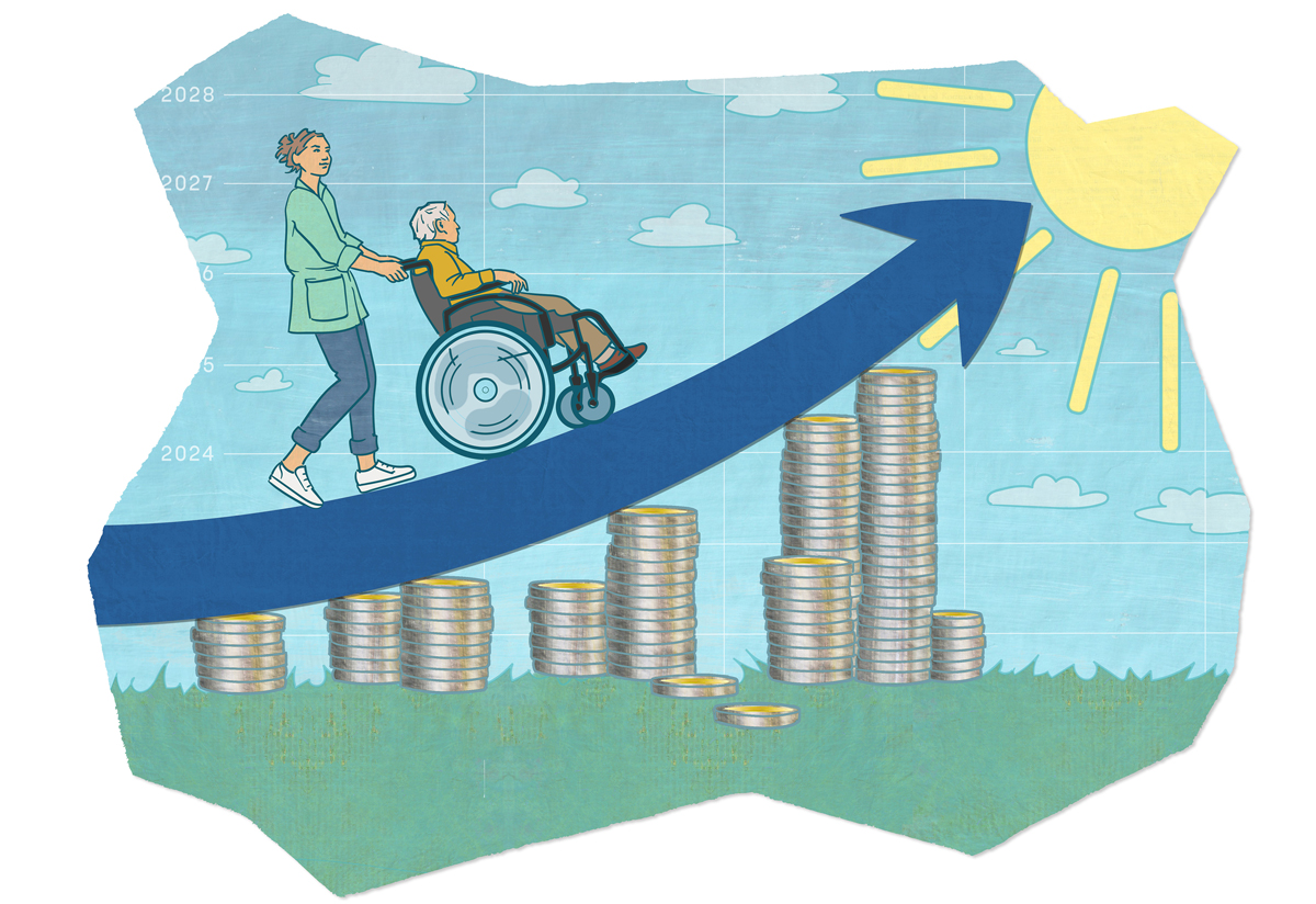 Frau schiebt Mann im Rollstuhl der Sonne entgegen