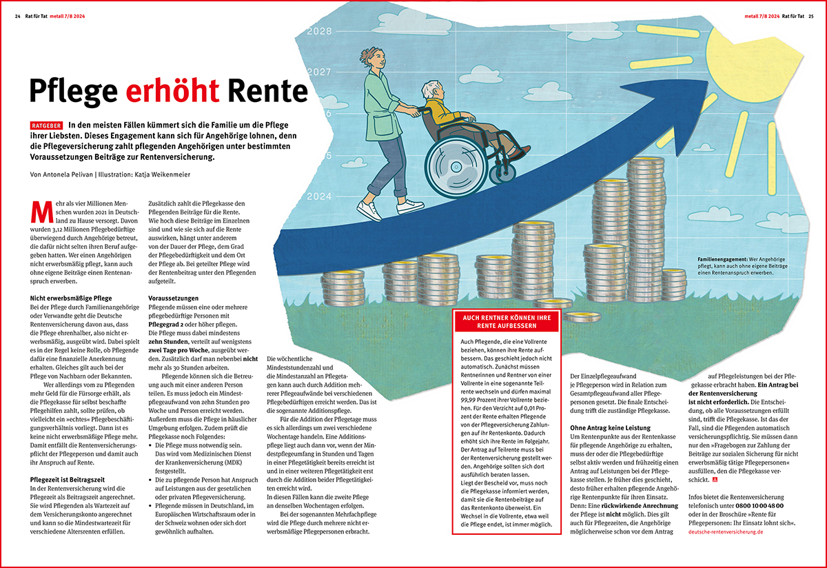 Frau schiebt Mann im Rollstuhl der Sonne entgegen