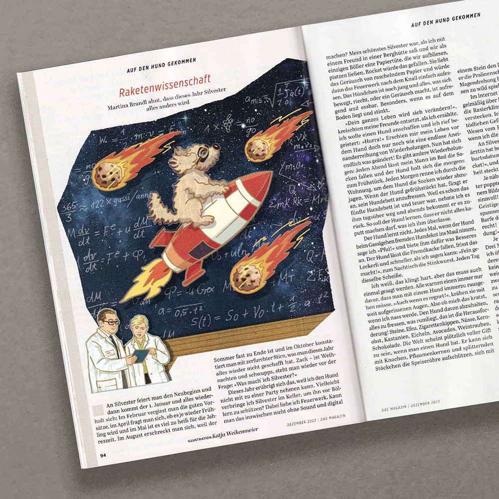 Ein Hund fliegt auf einer Rakete sitzend durchs All. Im Vordergrund diskutieren ein Wissenschaftler und eine Wissenschaftlerin ihre Aufzeichnungen