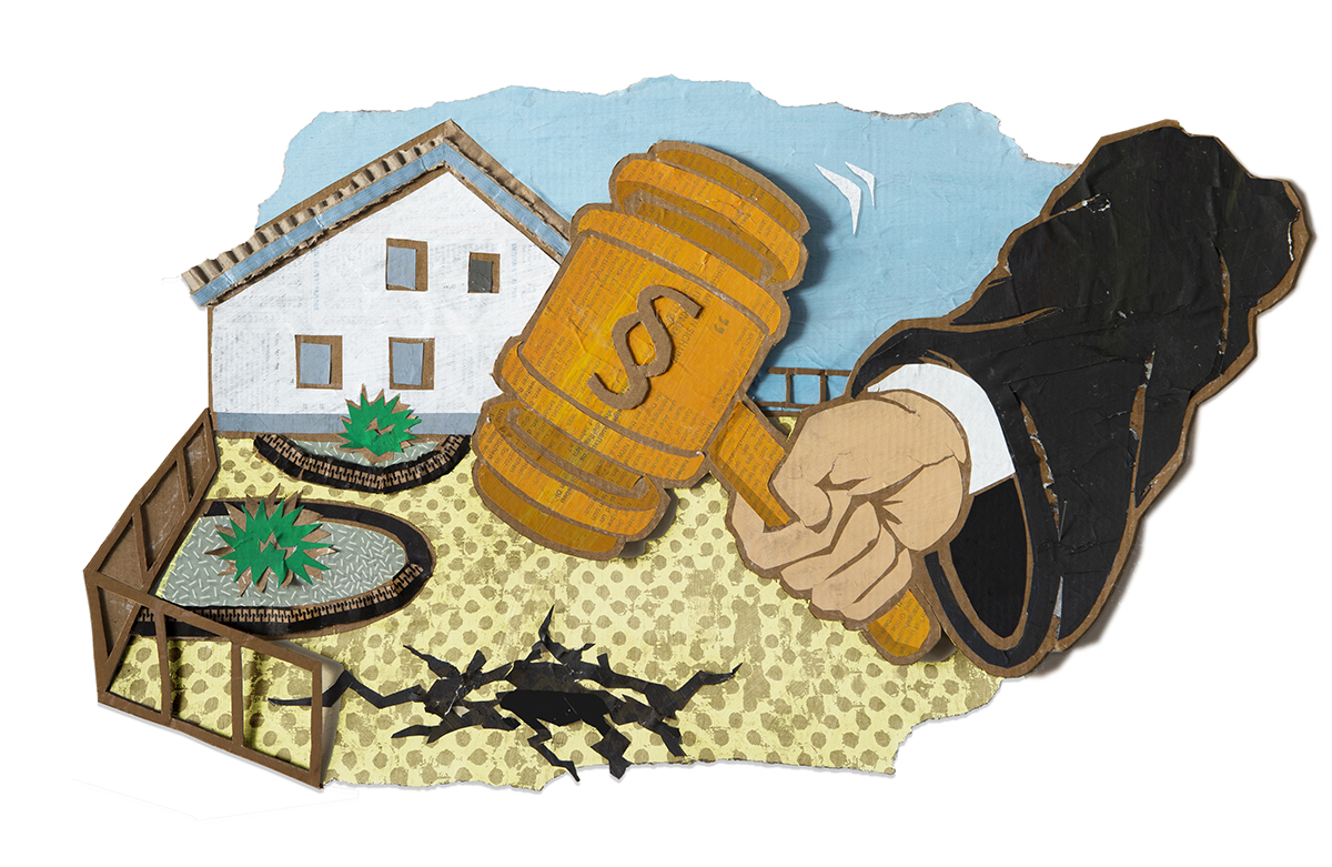 Die Papiercollage zeigt einen Arm in Richterrobe, der mit dem Gerichtshammer einen Schottergarten zerschlägt