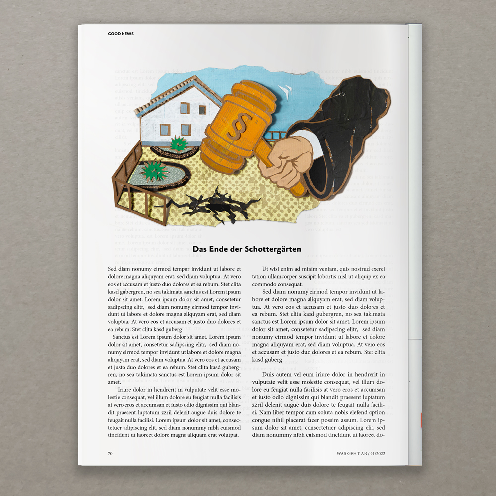 Die Papiercollage zeigt einen Arm in Richterrobe, der mit dem Gerichtshammer einen Schottergarten zerschlägt