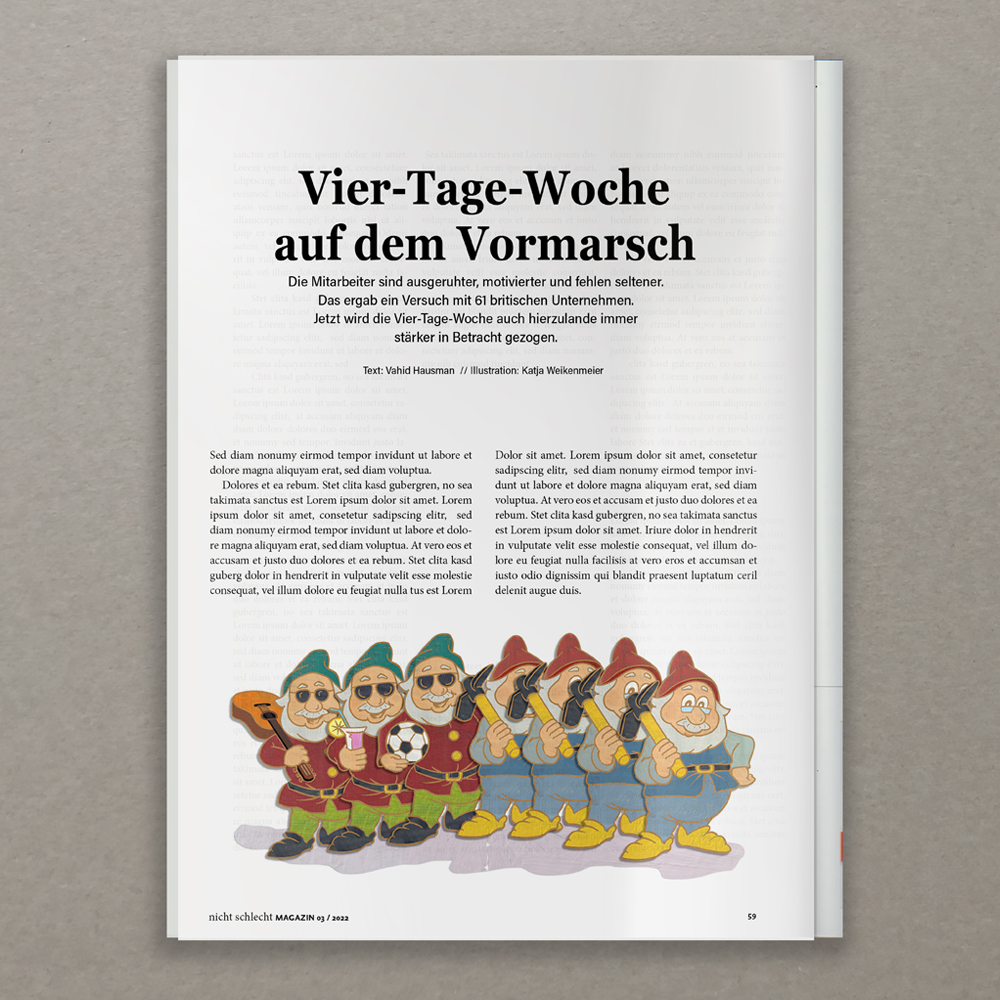 Die Illustration zeigt sieben Zwerge, vier davon in Arbeitskleidung und 3 mit Freizeitaccessoires