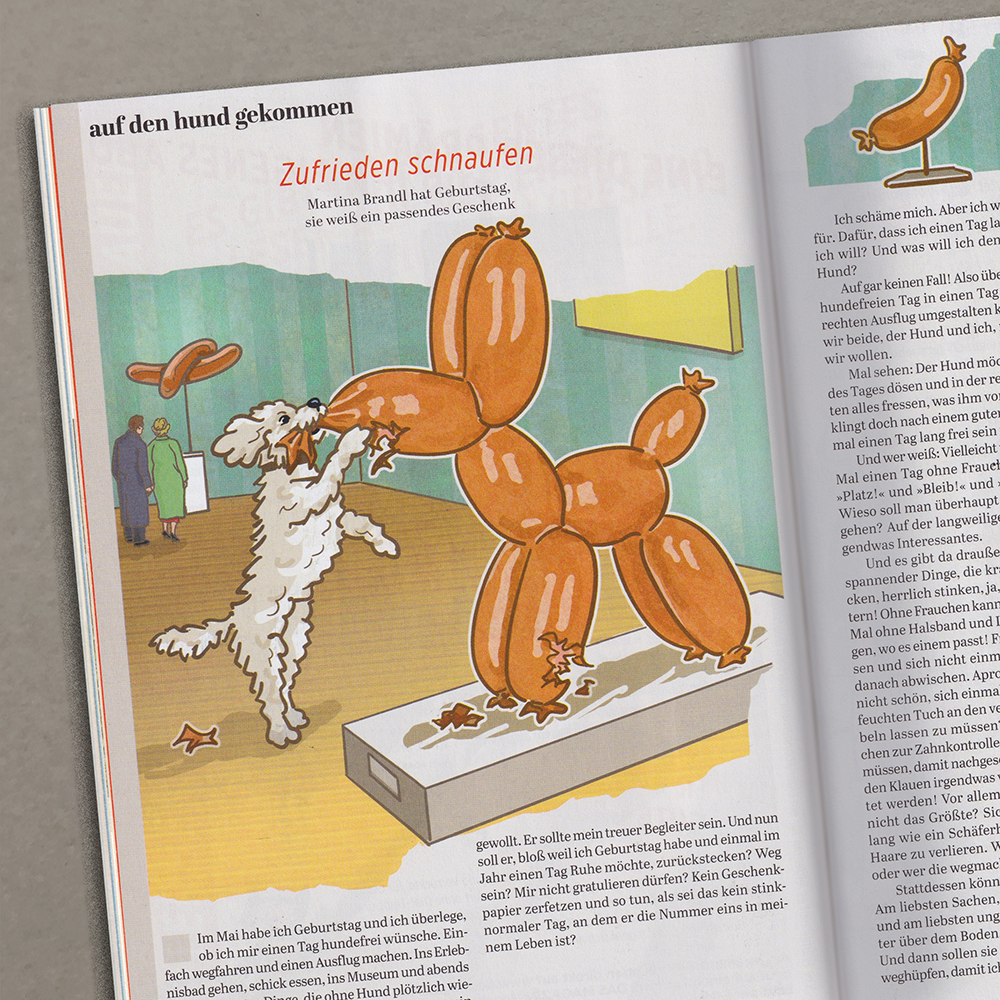 Ein Hund im Museum beißt in eine große Wurstskulptur.