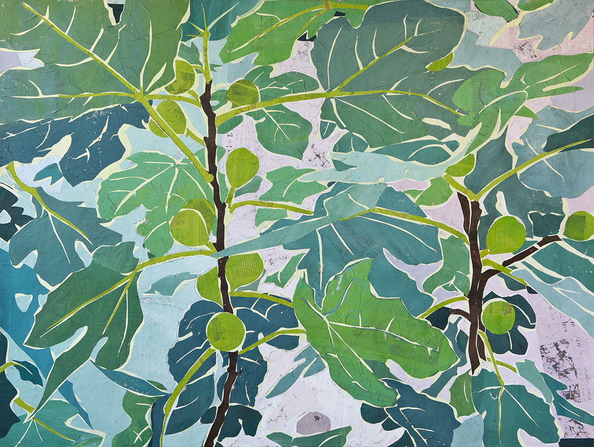 Feigenlaub und Feigenfrüchte, Papiercollage Illustration