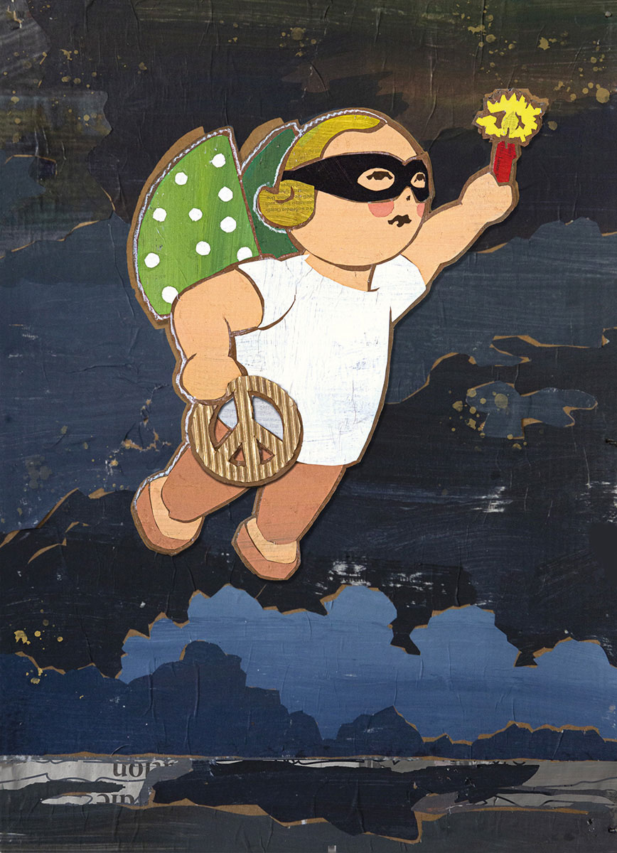 Weihnachtsengel mit schwarzer Maske fliegt über eine düstere Landschaft, ein peace symbol in der Hand