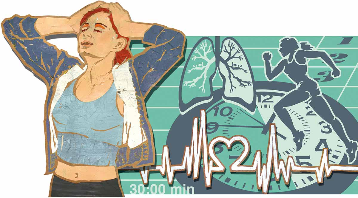 Frau mit roten Haaren im Sportdress hält ihren Kopf fest, Im Hintergrund Cardio-Motive. Papiercollage Illustration