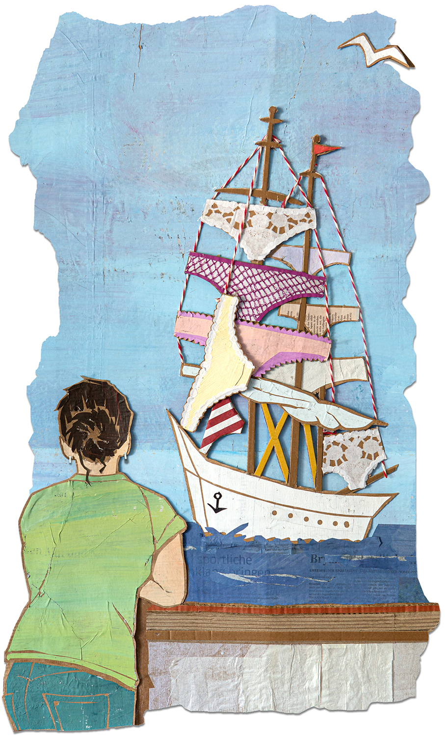 Segelschiff, mit Unterhosen beflaggt