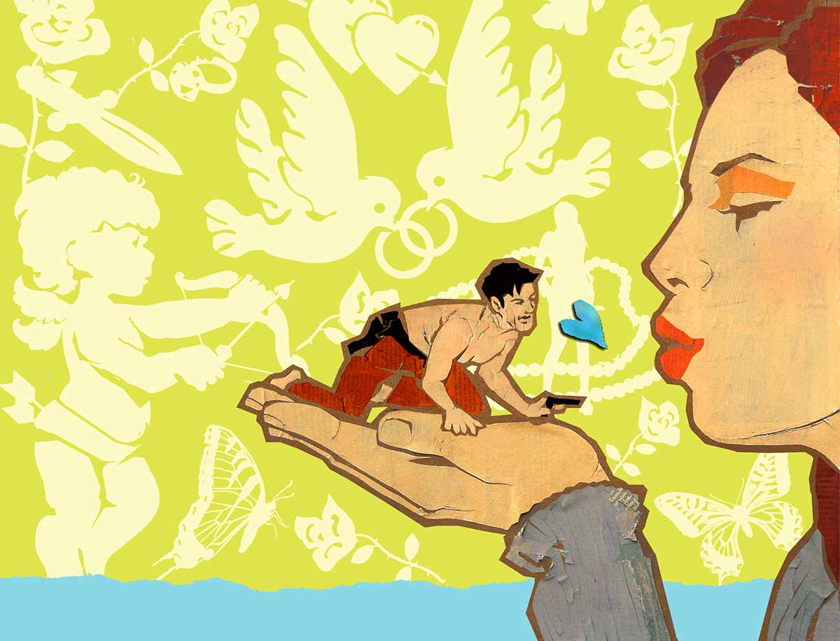 Ein Mann kniet auf der Hand einer Frau vor einem kitschigen Hintergrund. Papiercollage Illustration