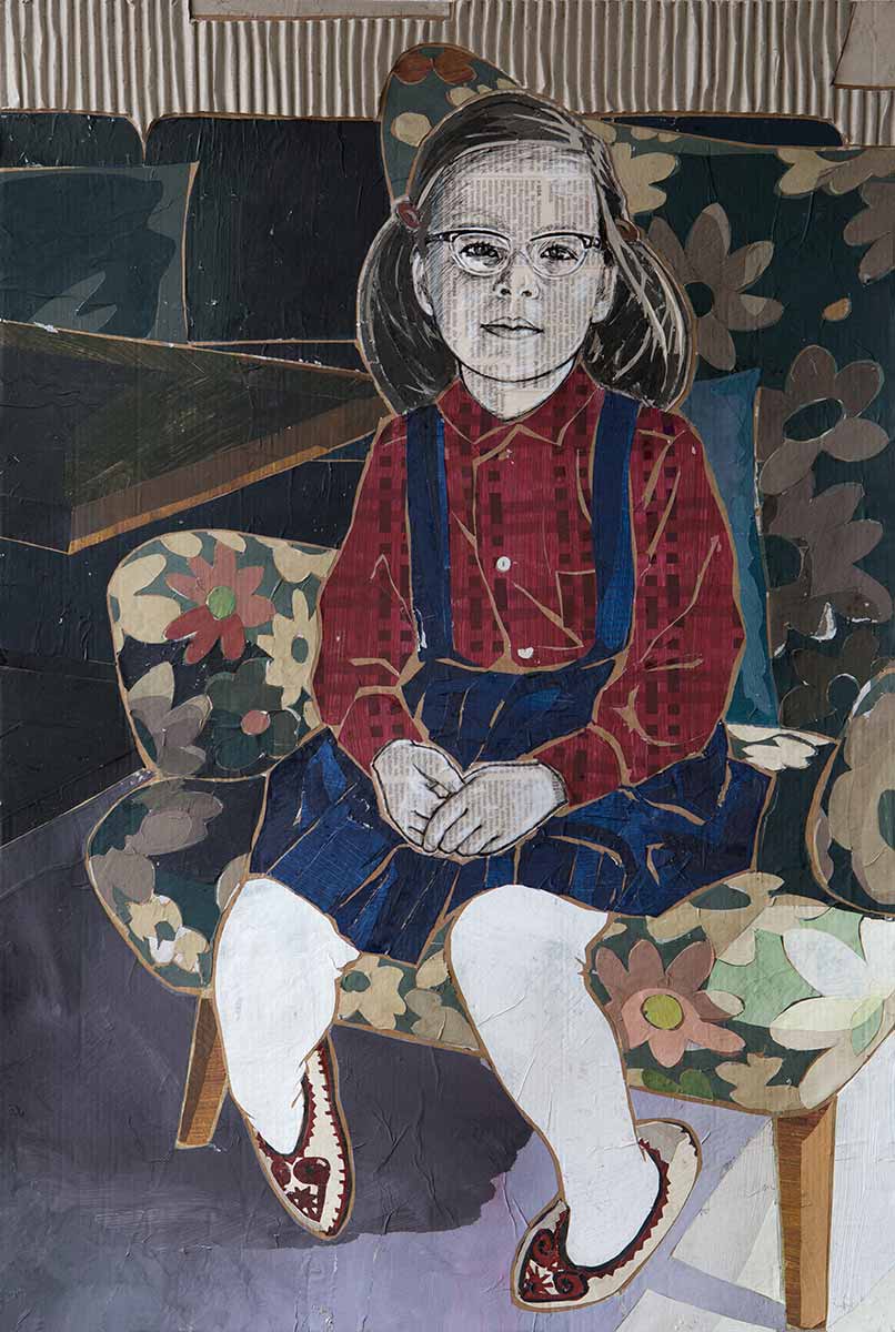 Papiercollage, kleines Mädchen mit Brille sitzt in einem altmodischen Sessel