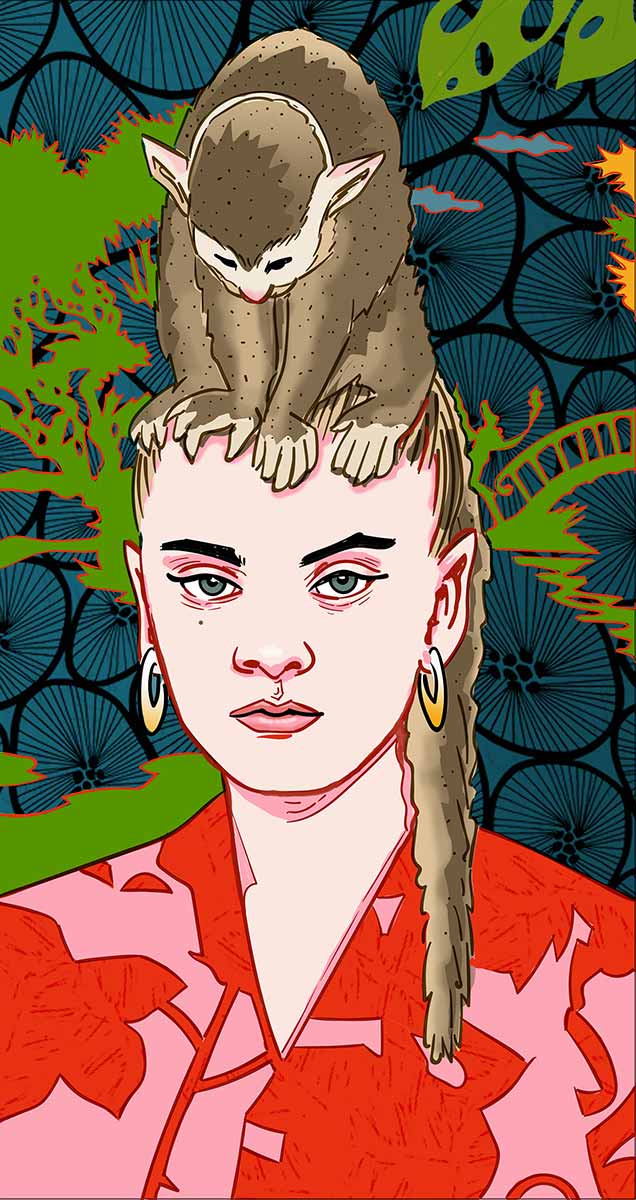 Frau in einem roten Kimono mit einem Affen auf dem Kopf