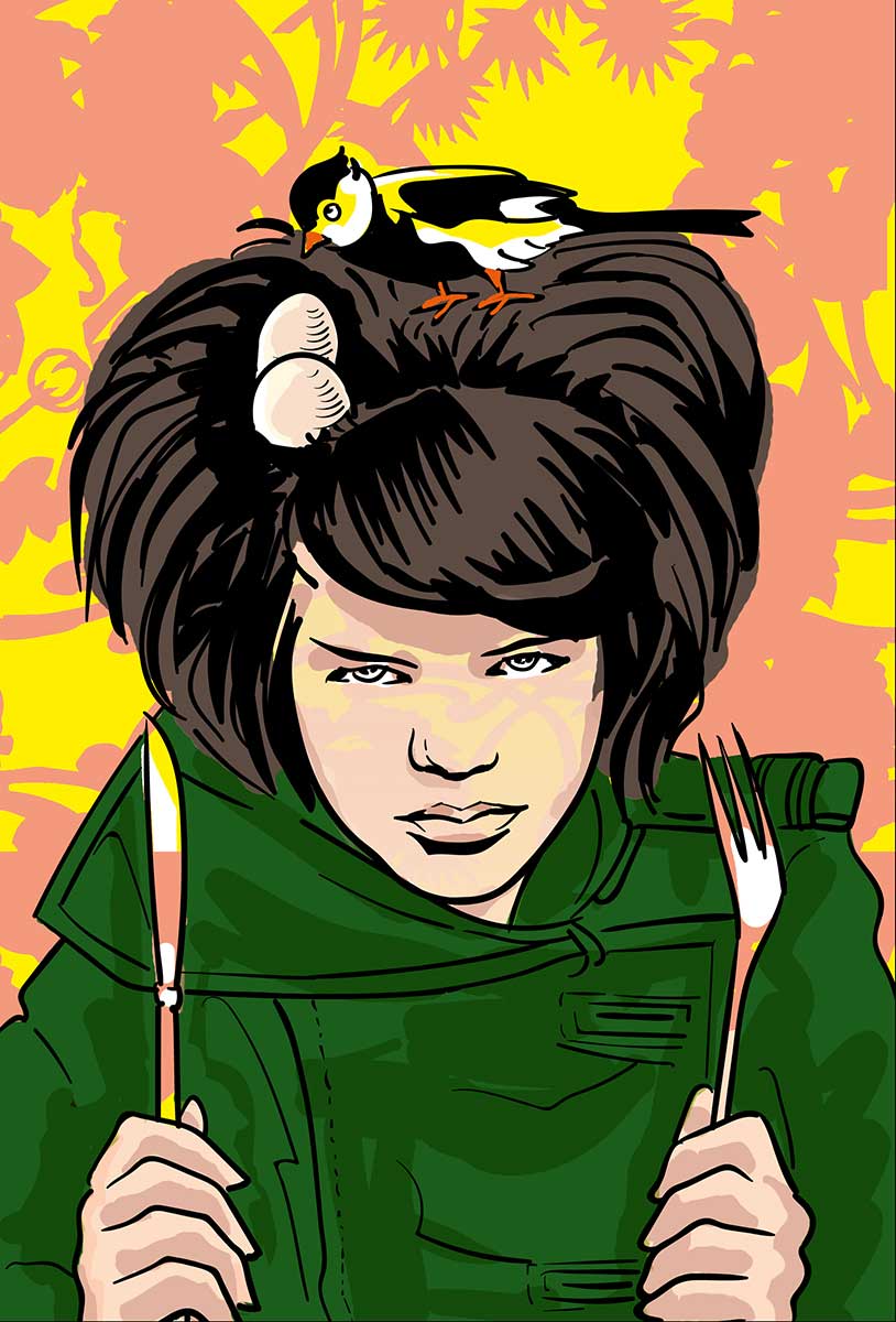 Frau mit Messer und Gabel in den Händen und mit einem Vogelnest auf dem Kopf