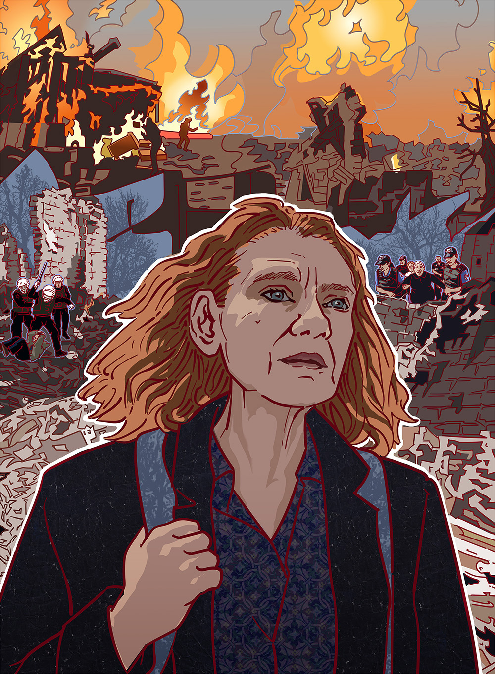 Portrait der Schriftstellerin Asli Erdogan. Im Bildhintergrund sieht man brennende Gebäude und Polizeigewalt.