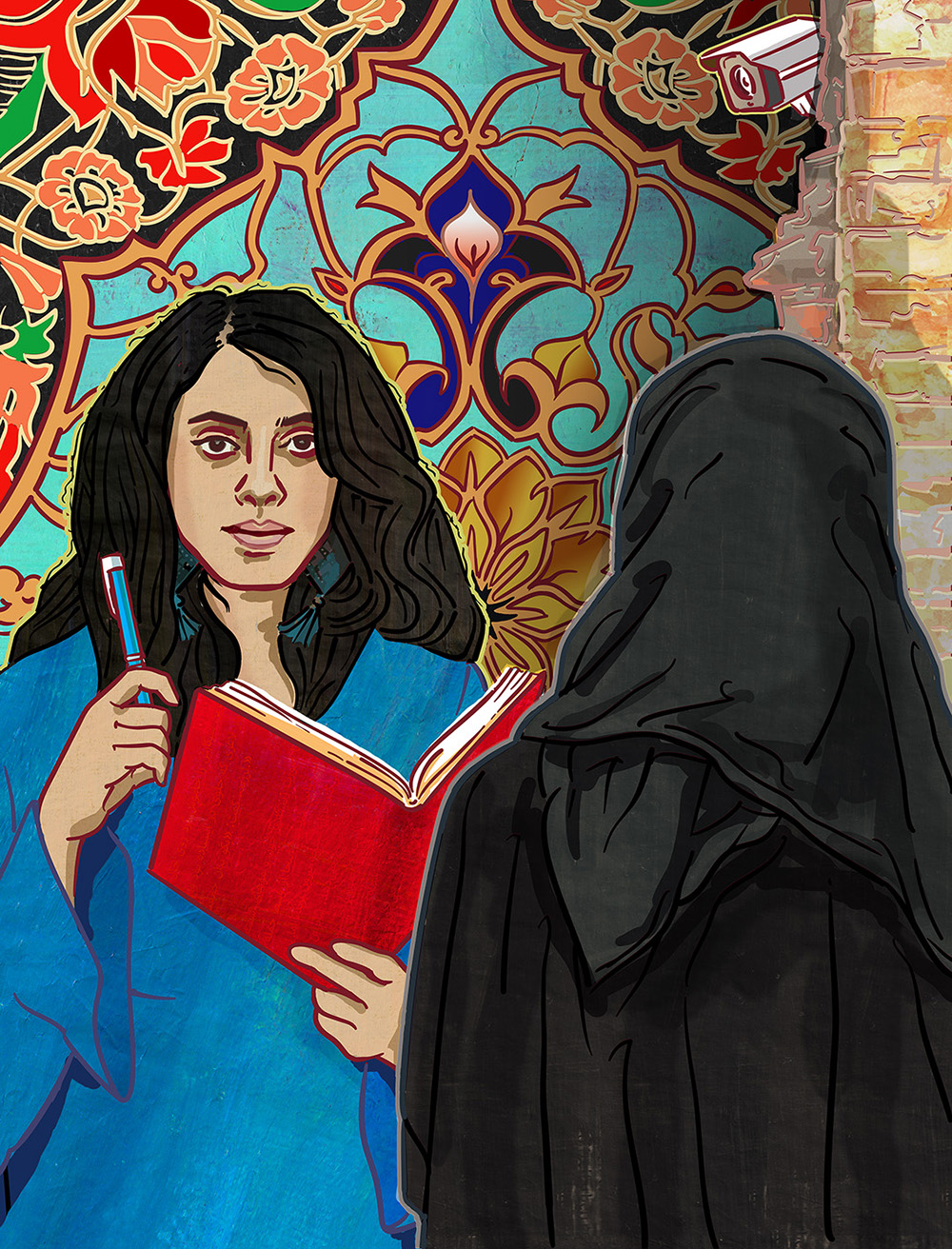 Portrait der Schriftstellerin Atefe Asadi. Sie hät ein buch und einen Stift in der Hand. Ihr gegenüber eine vollverschleierte Frau die dem Betrachter den Rücken zukehrt. Im Hintergrund ein iranisches Ornament und eine versteckte Kamera.
