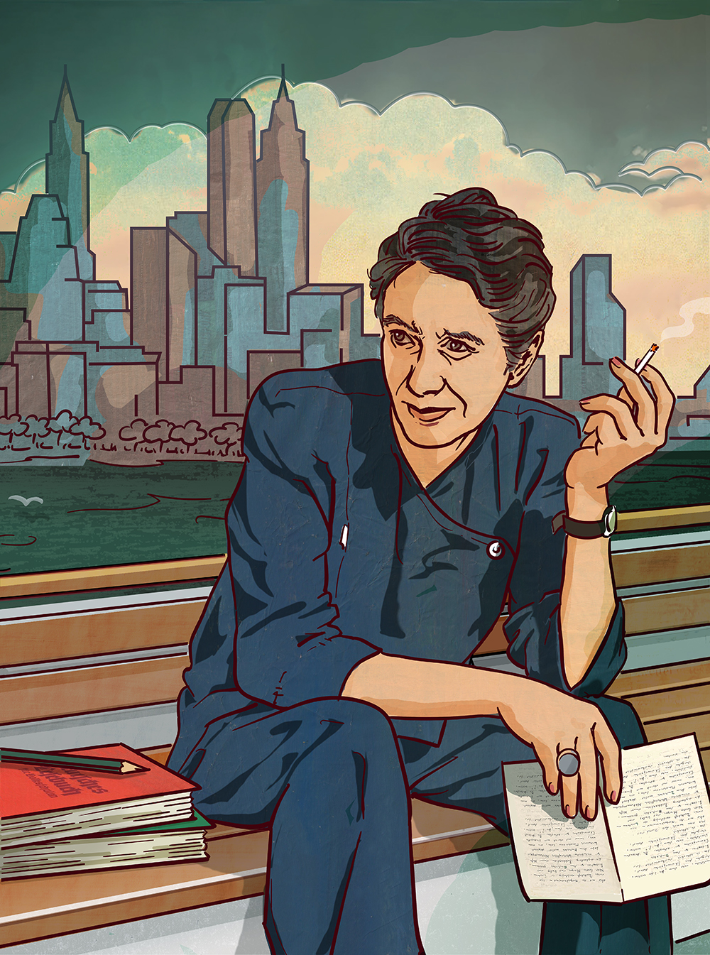 Portrait der Schriftstellerin Erika Mann an der Reling eines Schiffes lehnend. Im Hintergrund die Skyline von New York