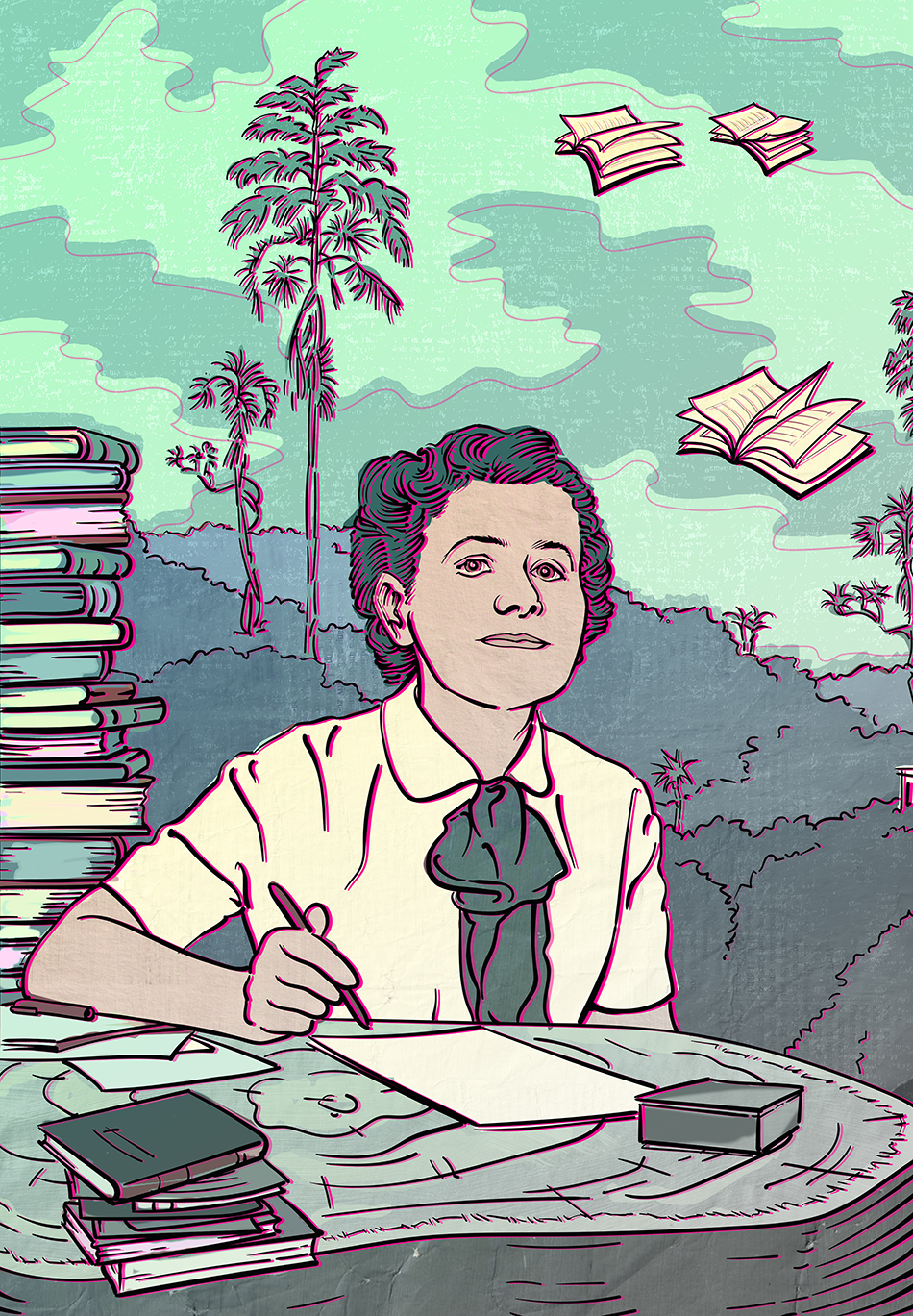 Portrait der Schriftstellerin Hilde Domin. Sie sitzt an einem Holtisch in der Natur und schreibt.