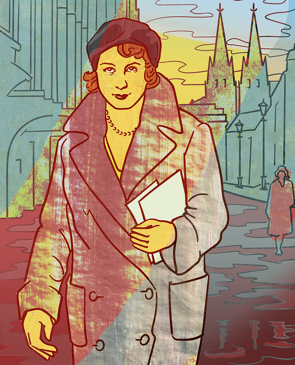 Portrait der Schriftstellerin Irmgard Keun mit Kölner Dom im Hintergrund