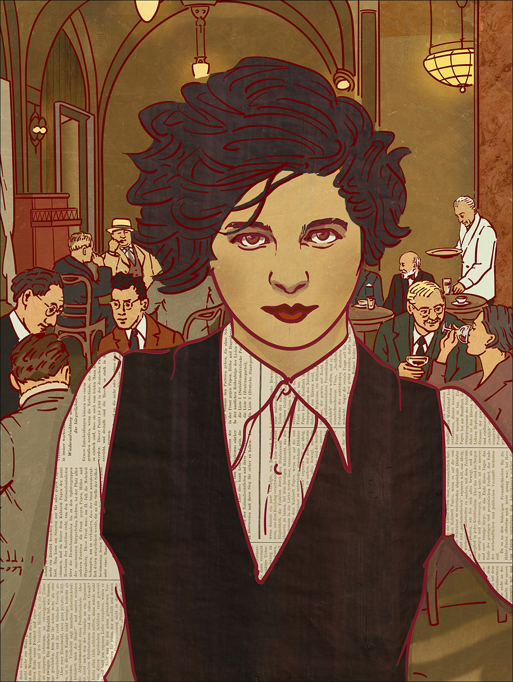 Portrait der Schriftstellerin Mascha Kaléko. Im Hintergrund das romanische Café im Berlin der 30er Jahre