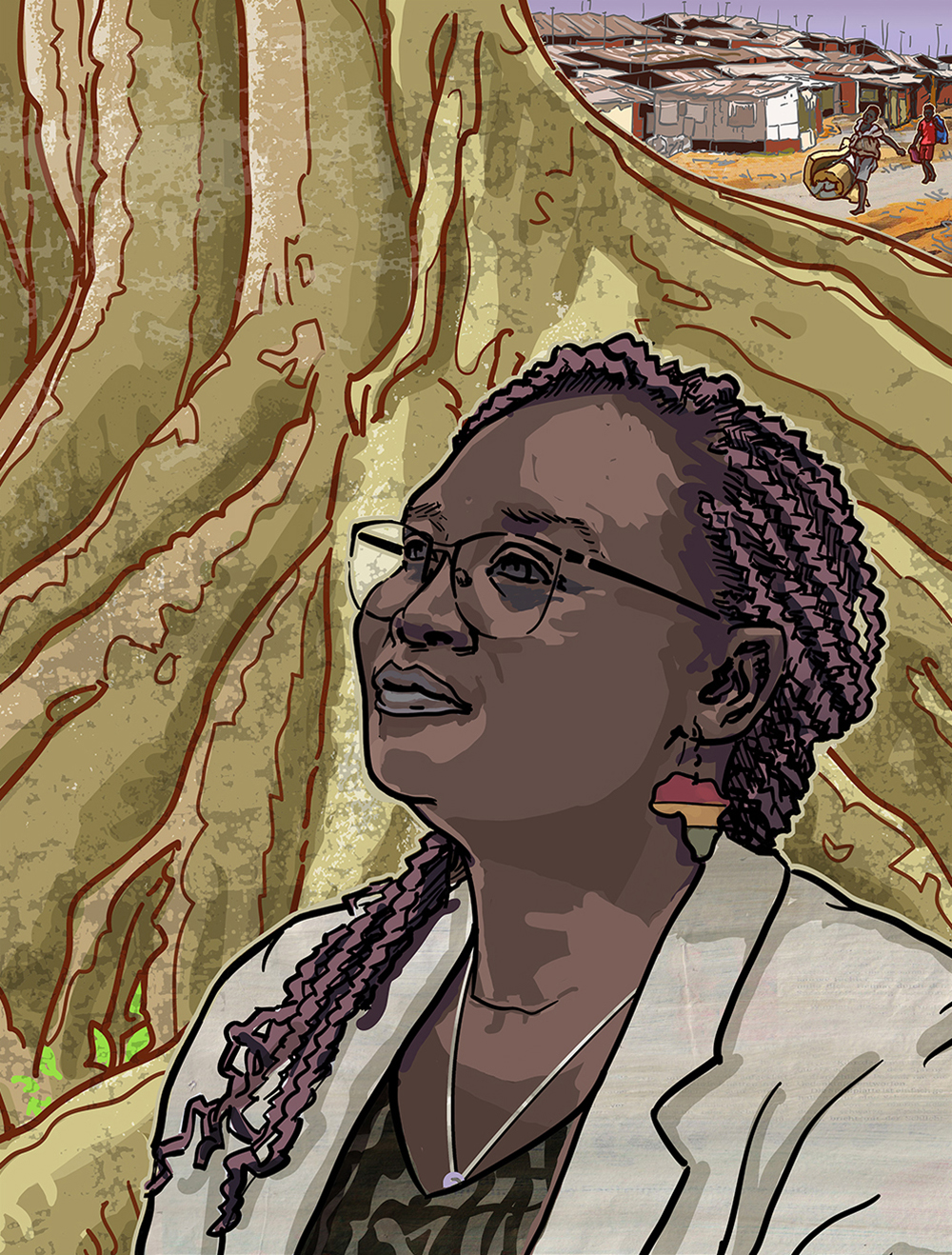 Portrait der Schriftstellerin Stella Gaitano. Sie steht vor einem Baum mit starken Wurzeln. Im Hintergrund zwei Kinder in einem Slum mit ärmlichen Blechhütten.