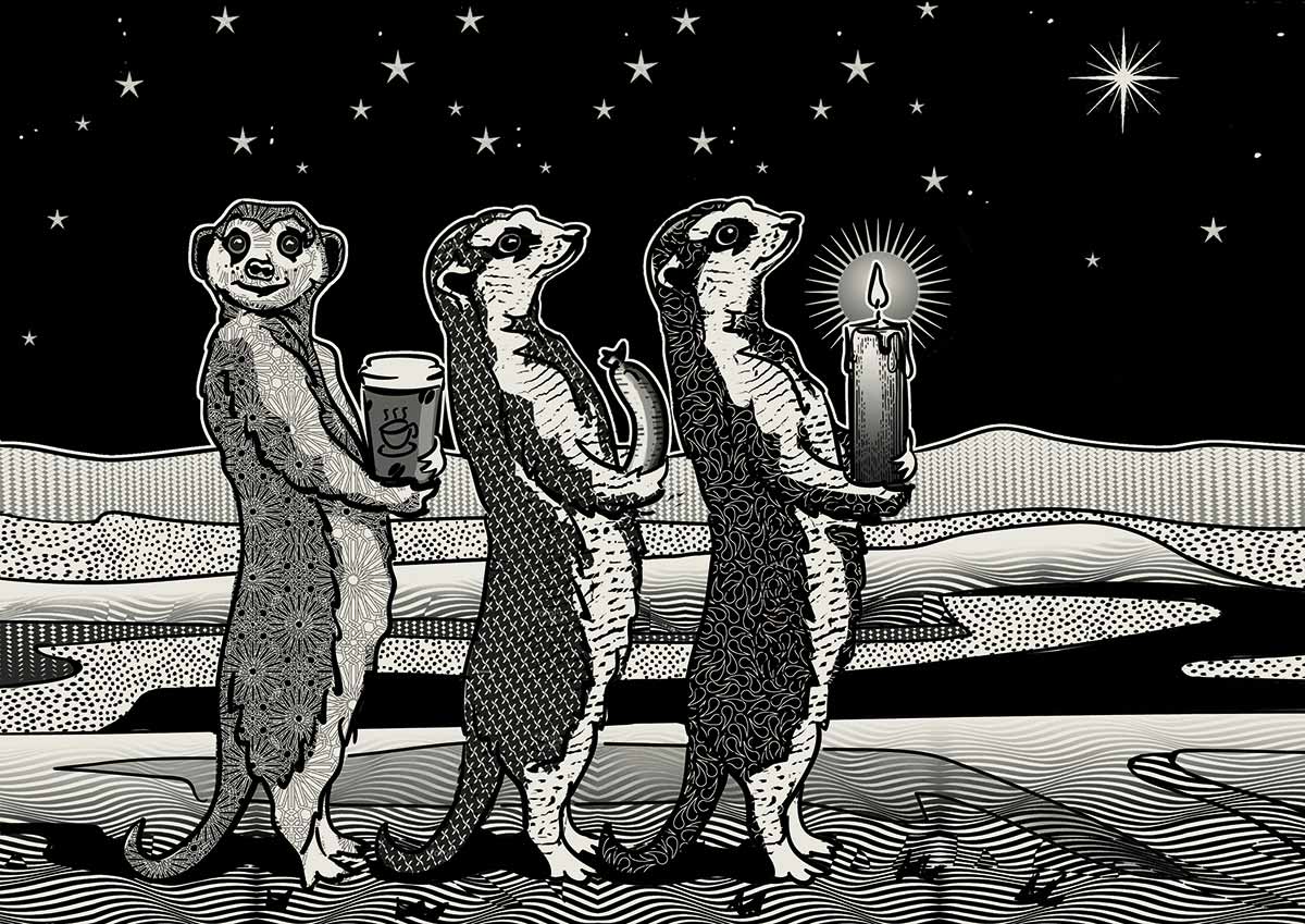 Drei Erdmännchen mit Bier, Wurst und Kerze als Gaben der heiligen drei Könige, schwarz-weiß Illustration